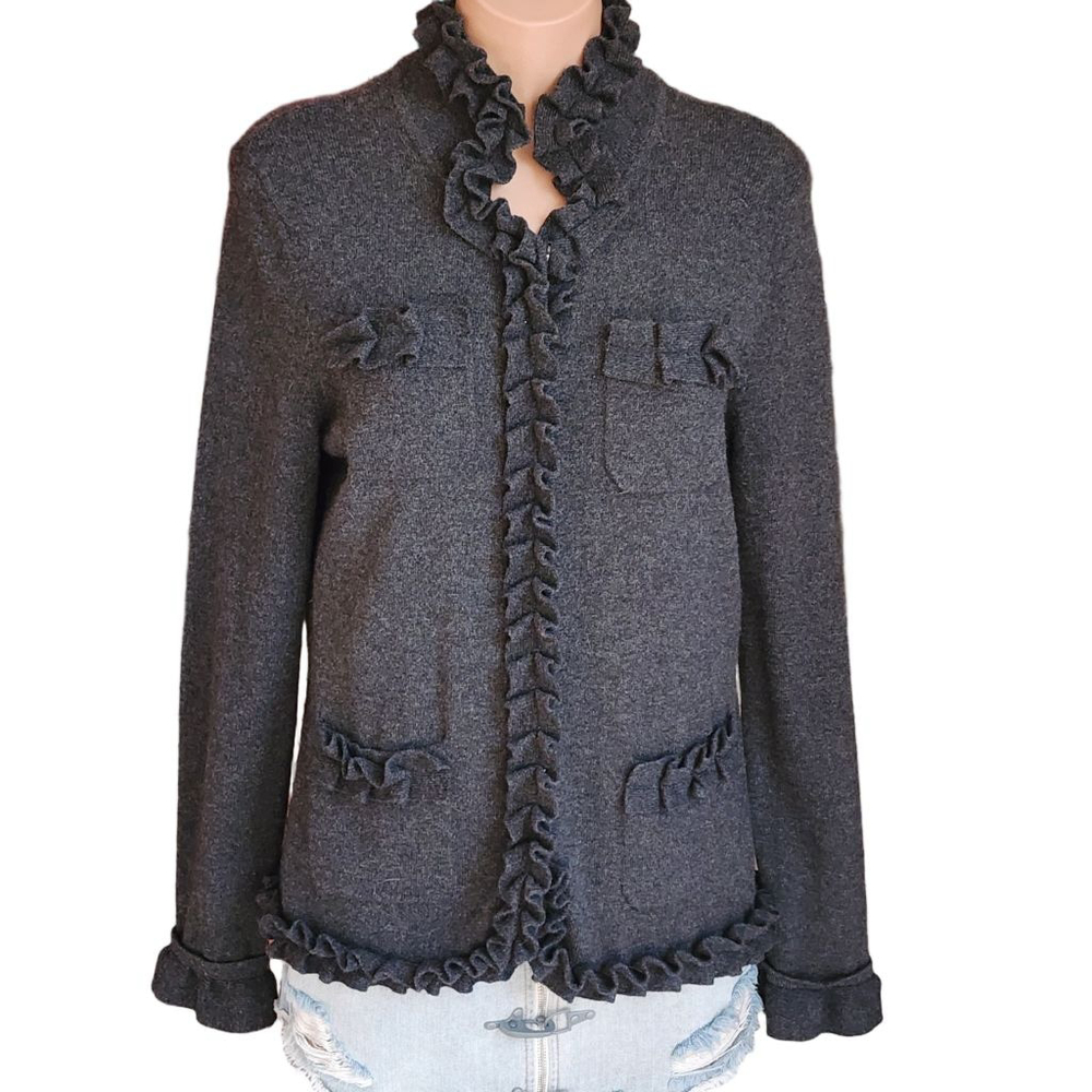 Collection Fifty Nine Cashmere Charcoal Ruffle Snap Front Cardigan Size M 277